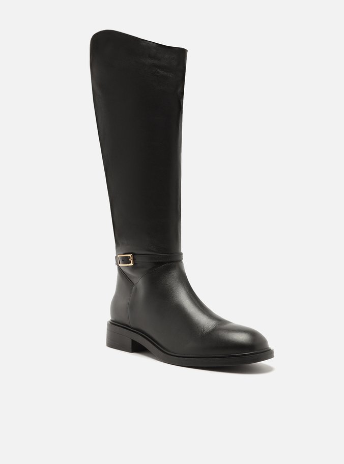 Bota Preta Couro Cano Longo Montaria Fivela