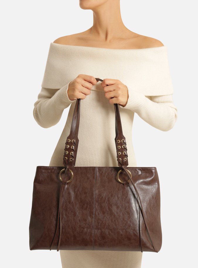 Bolsa Shopping Marrom Grande Alças Ilhoses