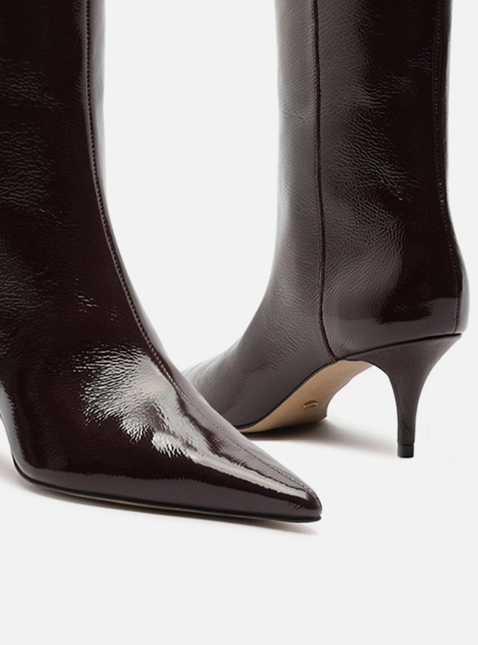 Bota Marrom Couro Cano Longo Salto Kitten