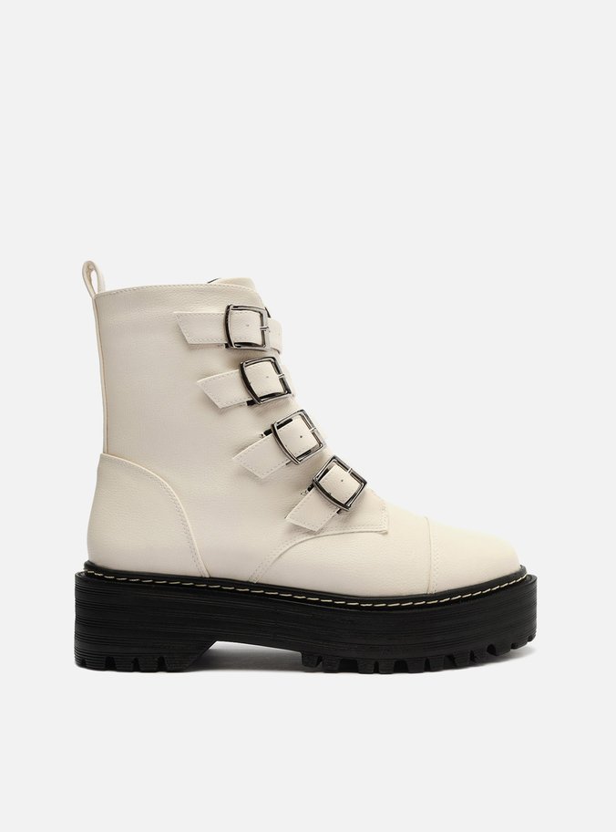 Coturno Branco Salto Flatform Tratorado Fivelas
