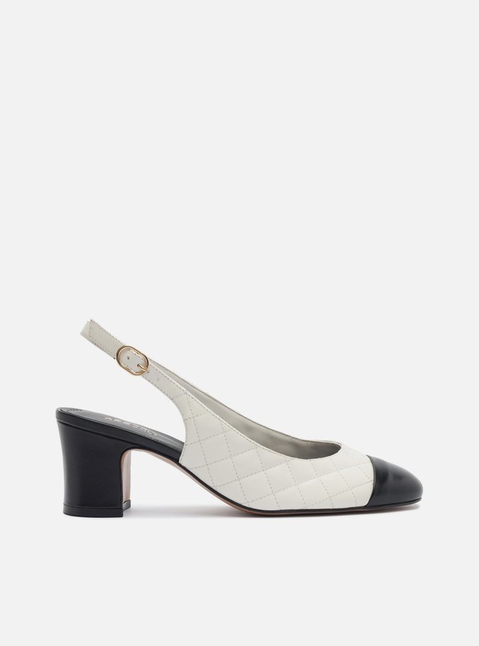 Scarpin Branco Couro Bico Redondo Matelassê Slingback Cap Toe Preto