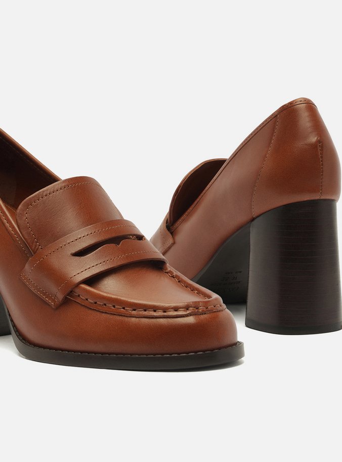 Loafer Caramelo Couro Salto Bloco Tira