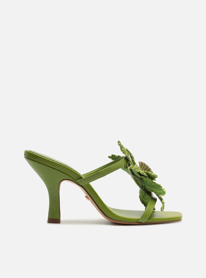 Sandália Verde Couro Salto Fino Flor