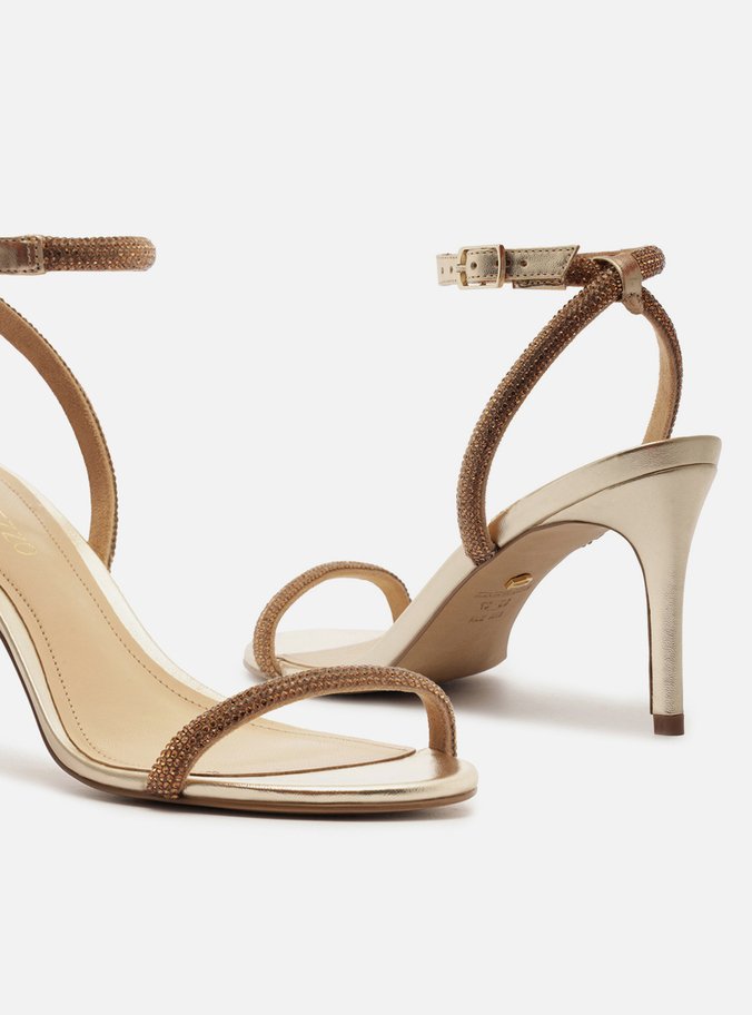 Sandália Dourada Strass Salto Fino Minimal