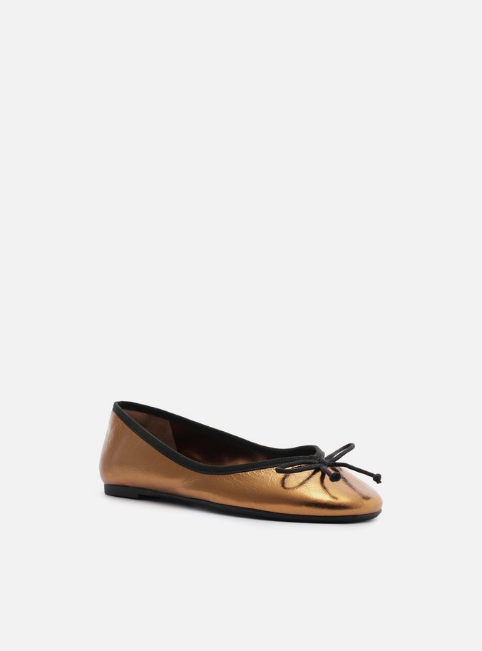 Sapatilha Bronze Couro Shiny Bico Redondo Laço