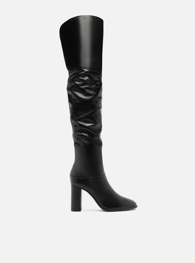 Bota Over The Knee Preta Couro Salto Alto