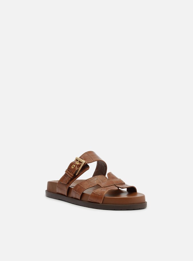 Papete Rasteira Marrom Croco Tira Vazada Fivela