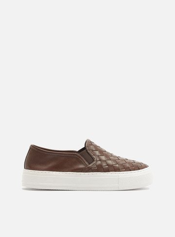 Arezzo — Tênis Marrom Couro Salto Flatform Tressê