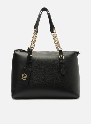 Bolsa Tote Preta Couro Grande Alça Corrente
