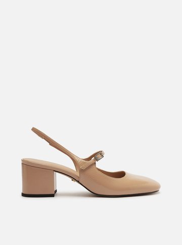 Sapato Boneca Bege Couro Bloco Slingback Classic