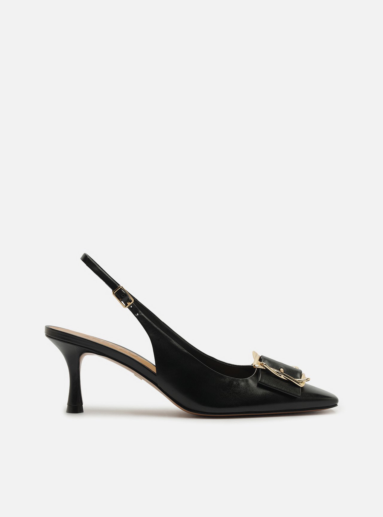 Scarpin Preto Couro Slingback Salto Médio Fivela — foto 1