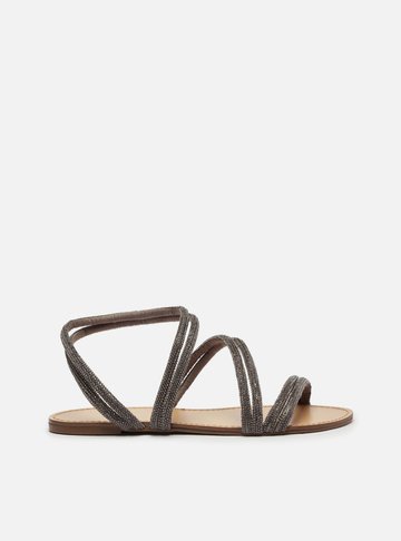 Sandália Rasteira Prateada Tira Curva Strass