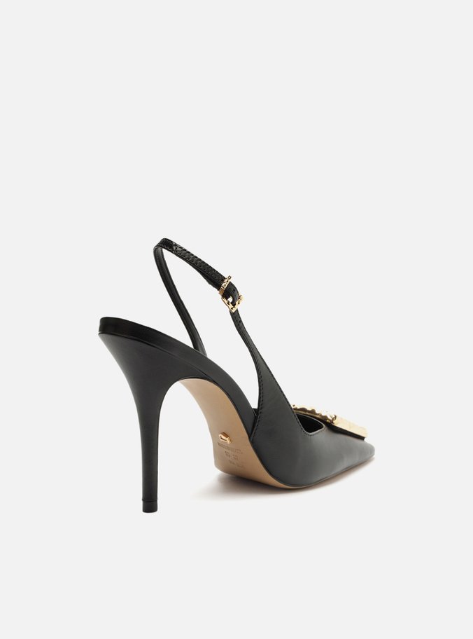 Scarpin Preto Couro Bico Quadrado Slingback Metal