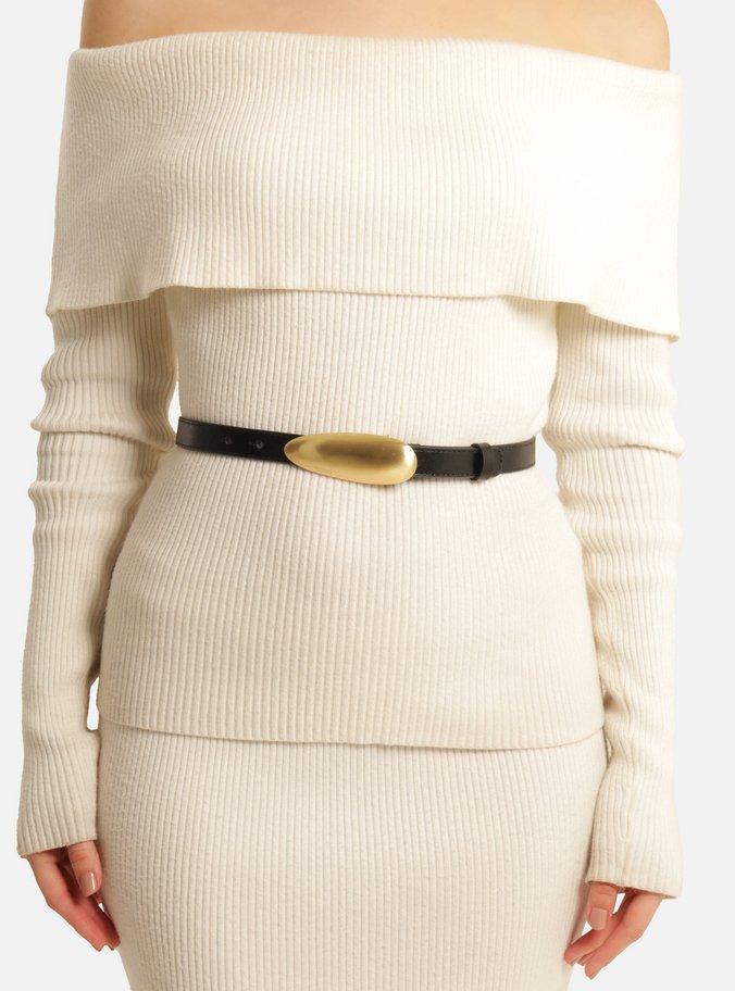 Cinto Preto Couro Médio Fivela Oval Metal