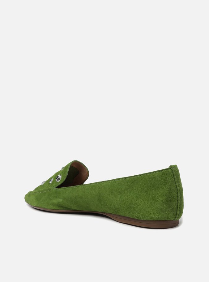 Mocassim Verde Couro Salto Rasteiro Strass