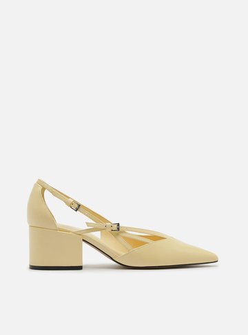 Scarpin Amarelo Couro Bloco Semi Aberto Fivelas