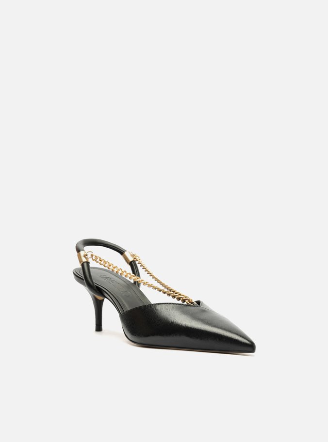 Scarpin Preto Couro Salto Baixo Corrente Esther