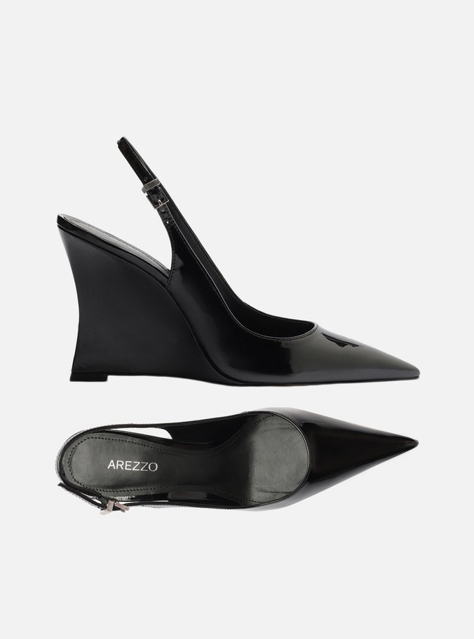 Scarpin Preto Verniz Salto Alto Anabela Slingback