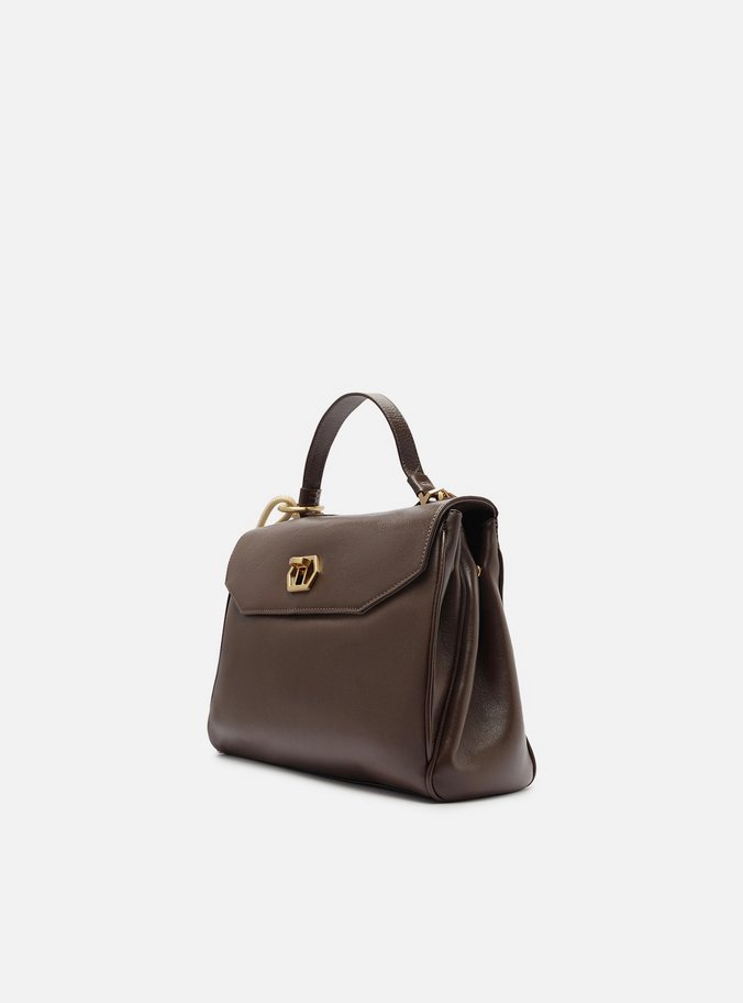 Bolsa Satchel Marrom Couro Média Bag Charm Nó
