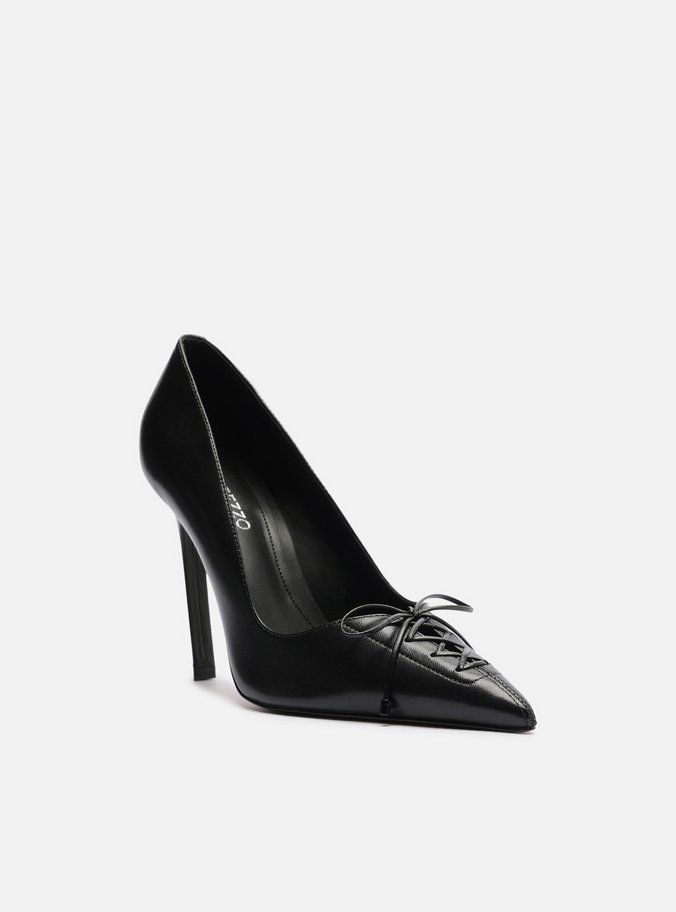Scarpin Preto Couro Salto Alto Fino Lacing