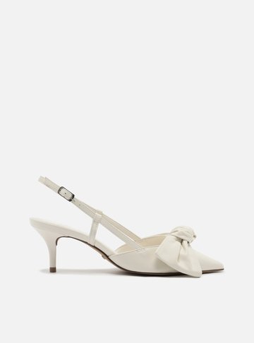 Scarpin Branco Couro Salto Fino Maxi Laço Slingback
