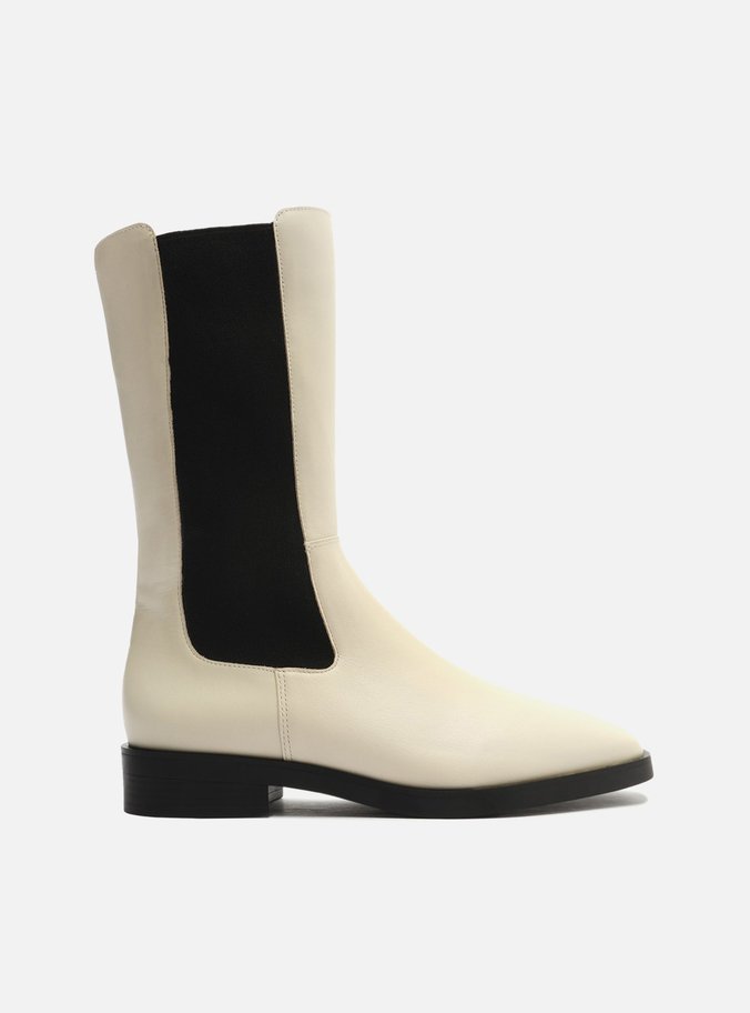 Bota Branca Couro Cano Médio Elástico Montaria