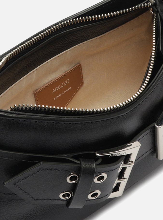 Bolsa Tiracolo Preta Couro Média Fivelas