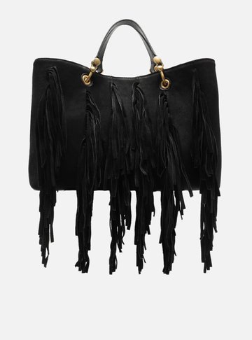 Bolsa Tote Preta Suede Grande Franjas