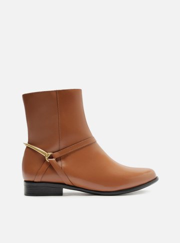 Bota Marrom Couro Cano Curto Salto Bloco Tiras