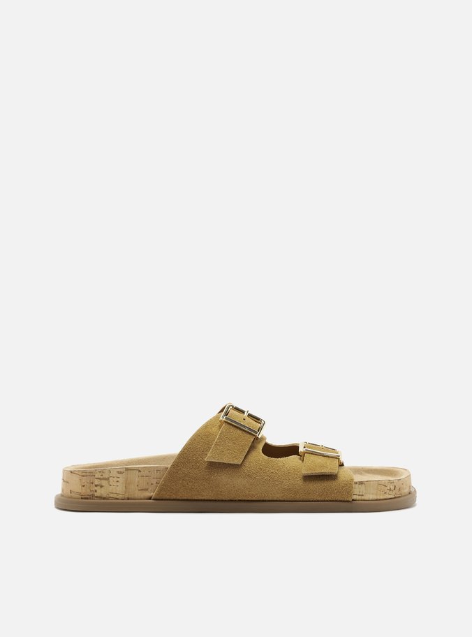 Sandália Papete Marrom Camurça Cortiça Fivelas