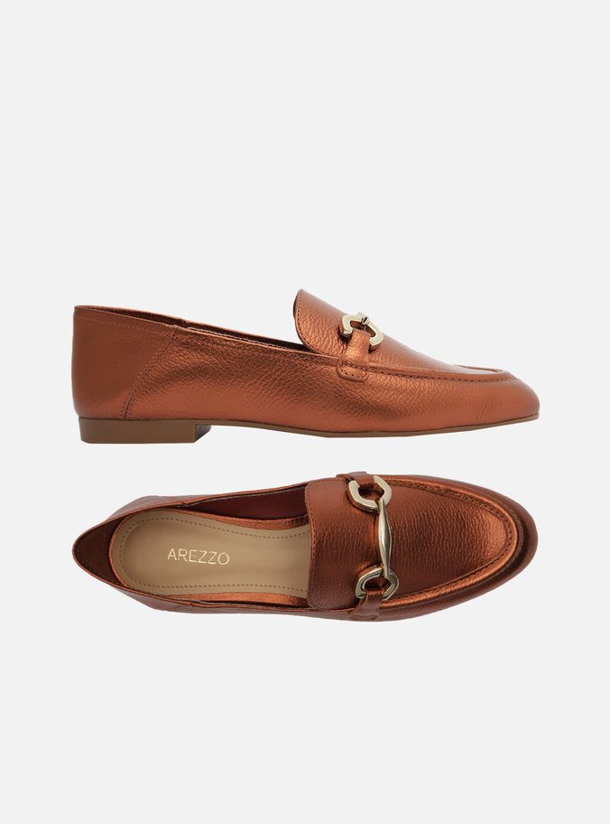 Mocassim Laranja Metal Couro Bridão Metálico Luma