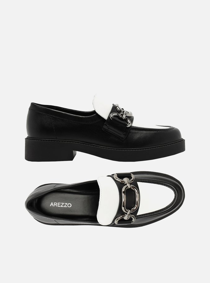 Mocassim Preto Couro Bridão Metálico Maxi Branco
