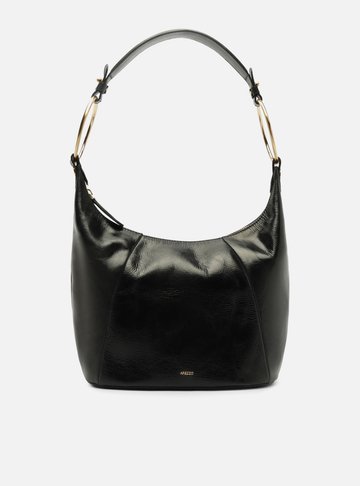 Bolsa Shoulder Preta Couro Média Argolas Alça