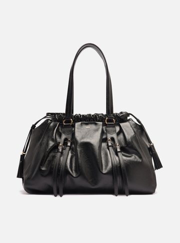 Bolsa Shopping Preta Couro Grande Fivelas