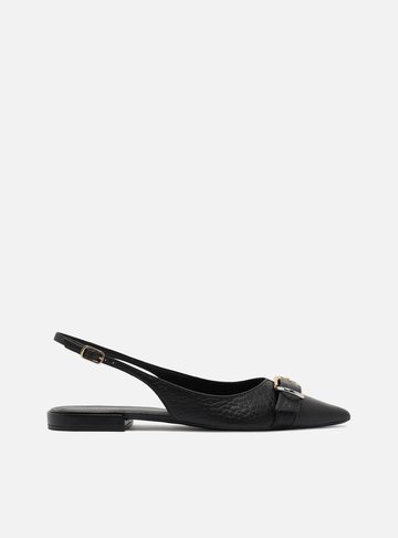 Sapatilha Preta Couro Textura Slingback Fivela