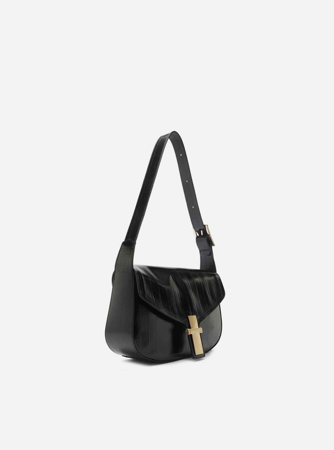 Bolsa Tiracolo Preta Couro Pequena Tampo Metal — foto 5