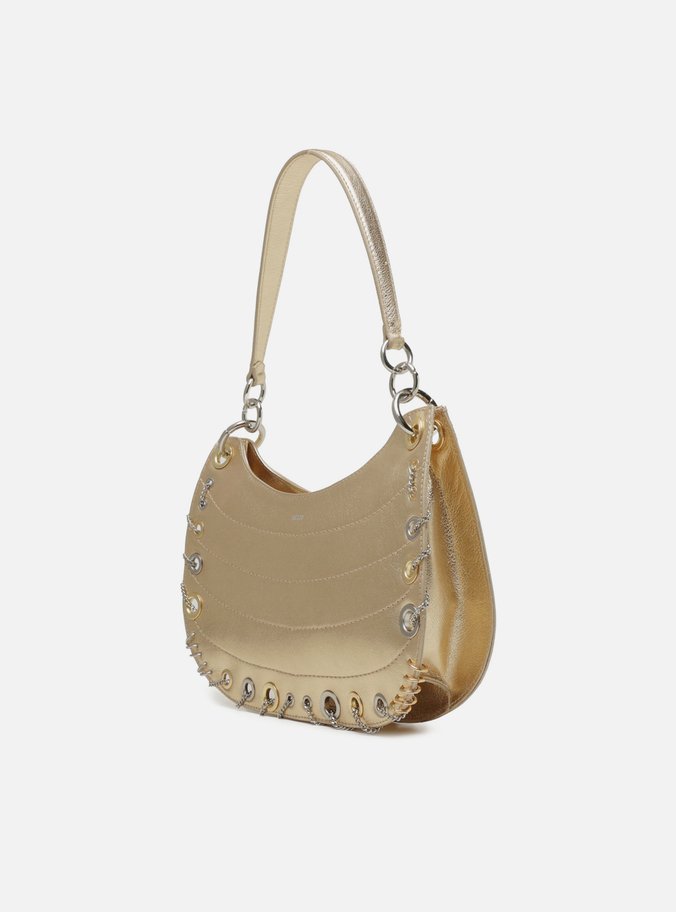 Bolsa Hobo Dourada Couro Média Costuras Metais