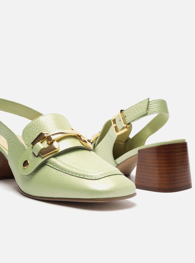 Loafer Verde Couro Salto Bloco Bridão Switch com Troca de Bridão