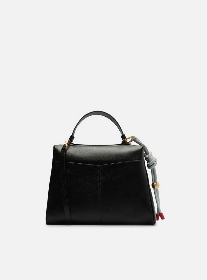 Bolsa Satchel Preta Couro Média Bag Charm Nó