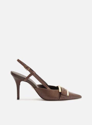 Arezzo — Scarpin Marrom Couro Salto Fino Fivela Slingback