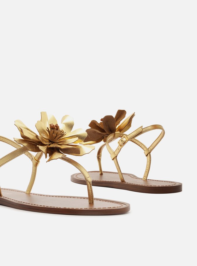 Sandália Rasteira Dourada Couro Slim Flor