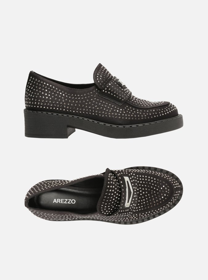 Mocassim Preto Cetim Strass Bico Redondo