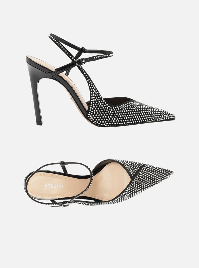 Scarpin Preto Salto Alto Slingback Cruzado Strass