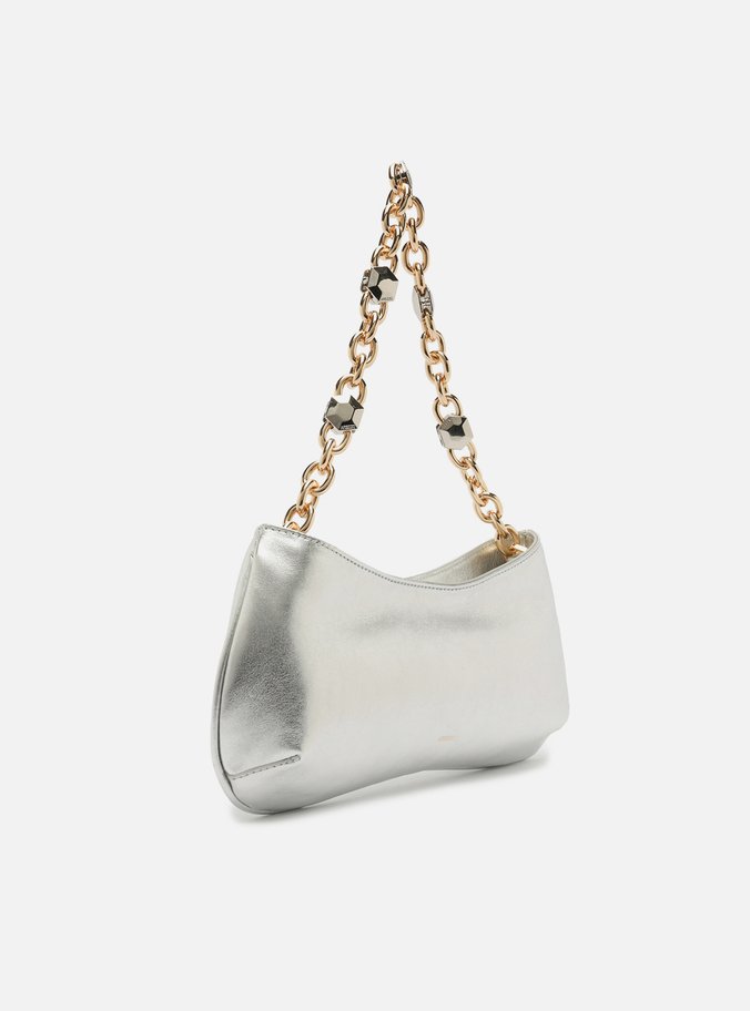 Bolsa Baguete Prata Couro Média Corrente