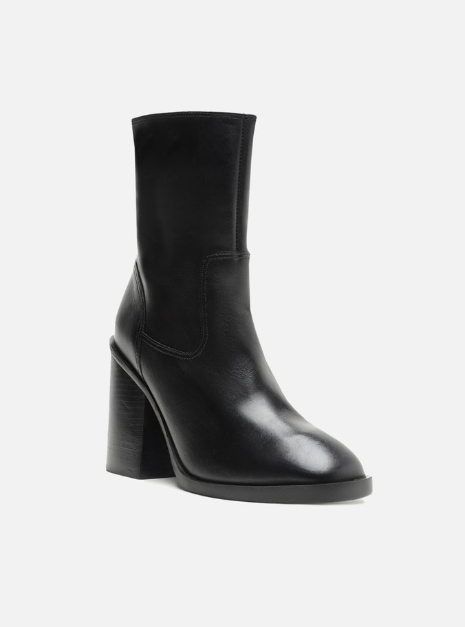 Bota Preta Couro Cano Médio Salto Alto