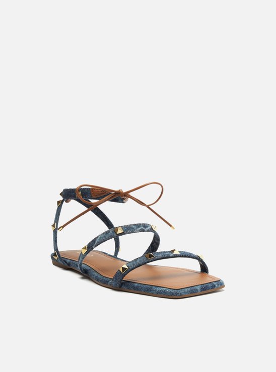 Sandália Rasteira Jeans Amarração Spikes Marrom