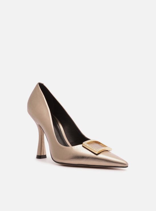 Scarpin Dourado Bico Fino Couro