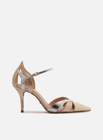 Scarpin Dourado Couro Salto Fino Mix Tiras