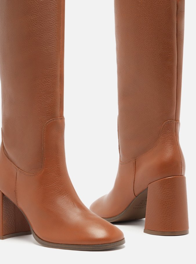 Bota Marrom Couro Cano Longo Salto Médio