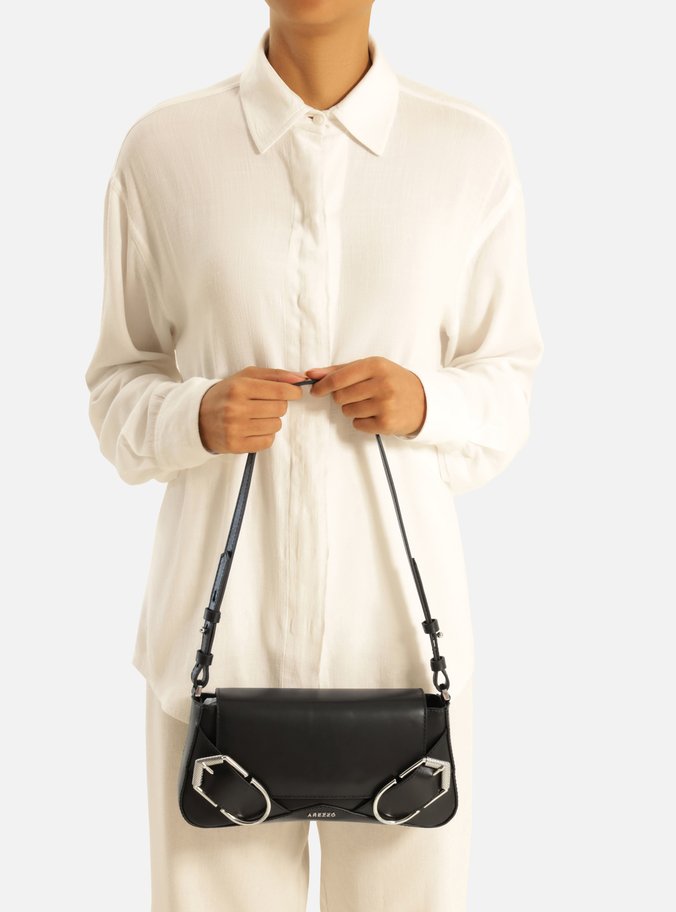 Bolsa Tiracolo Preta Couro Pequena Maxi Fivelas